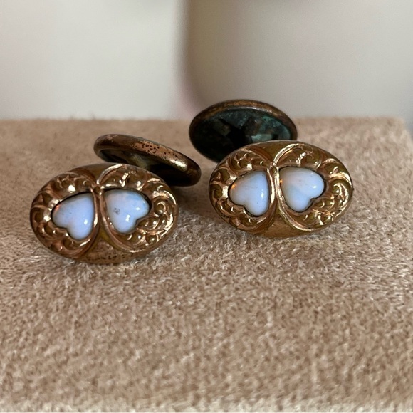 Antique Victorian Rolled Rose Gold Art deco double Opal Heart Cuff links - Picture 4 of 16